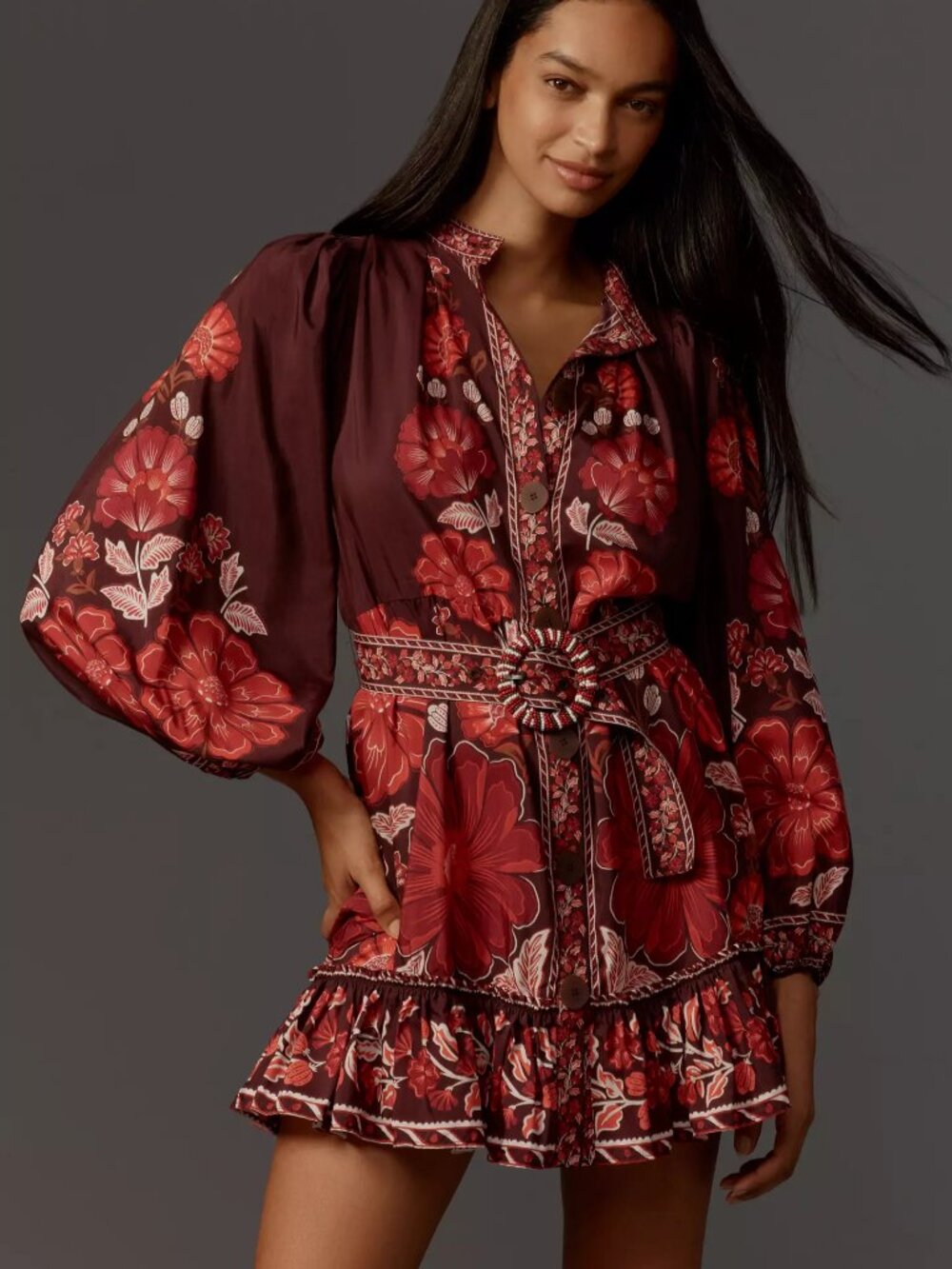 NWT FARM Rio Brown Floral Button Front Mini Dress M